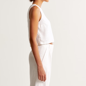 White Solid <b>Linen</b> Cotton Sleeveless Gym Tank <b>Top</b> Women Casual Two Piece Set with Button Front Short Crop Vest for Spring - Product Image 5
