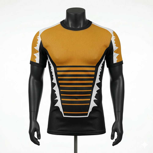 Camiseta de Manga Corta con Cuello Redondo y Estampado Geométrico Amarillo y Negro para Hombre, de Secado Rápido, Tejido de Punto, Corte Ajustado, Estilo Deportivo - Product Image 1
