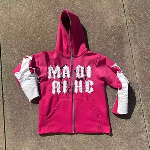 Sudadera con capucha para hombre de felpa francesa con cremallera completa, con logo personalizado, bajo sin rematar, corta, con parches desgastados y lavado ácido - Product Image 4
