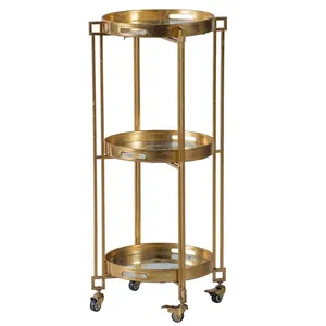 Chariot de service rond en métal avec trois plateaux, finition dorée, chariot roulant pour fêtes, bar à domicile, hôtel, restaurant, style glamour - Product Image 1