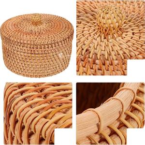 Boîte de rangement en rotin tendance avec couvercle, organisateur rond multifonctionnel naturel pour la décoration moderne de la maison - Product Image 3