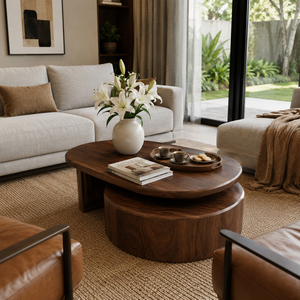 Modern Solid Suar Wood Contemporary Oval Nesting Coffee <b>Table</b> High Quality <b>Walnut</b> Finish Rotating Swivel Living Room Brand - Product Image 3