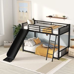 Letto a Castello in Metallo Nero con Scivolo per Bambini - Product Image 1