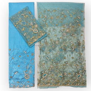 Robe de mariée indienne perlée à la main en soie brute George Wrapper haute demande Style IGBO Design africain pour adultes 5 Yards femmes - Product Image 6