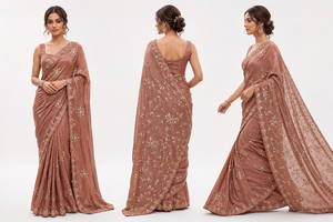 Sari de Seda Rosa Polvoriento con Diseño Floral Bordado, Estilo Vintage, Secado Rápido, Sin Arrugas, Protección Solar, Largo hasta el Suelo, para Mujer, para Fiestas - Product Image 5