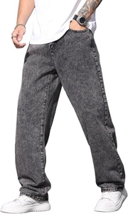 Vaqueros de mezclilla para hombre, lavados a la piedra, de pierna ancha, corte holgado, talla grande, cintura media, estilo casual urbano, 100% algodón, con bolsillo de parche - Product Image 6