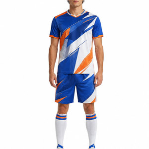 ชุดเสื้อฟุตบอลสีน้ำเงินส้มขาวแบบซับลิเมชั่น กางเกงขาสั้น ชุดยูนิฟอร์มฟุตบอลผู้ใหญ่ ผ้าโพลีเอสเตอร์ระบายอากาศได้ดี - Product Image 1