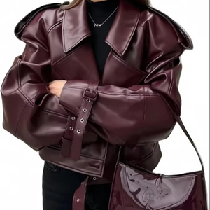 Veste moto en cuir véritable pour femme, manches longues, fermeture éclair, couleur unie, style automne, col rabattu - Product Image 5