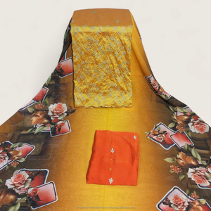 Tela de Lujo Color Naranja Óxido con Estampado Floral Suizo Dirac y Panel Bordado en Oro para Vestidos de Boda Somalíes - Product Image 3