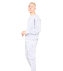 Men's Light Gray Crew Neck Sweatshirt <b>Set</b> Solid Color Casual <b>Knitted</b> 100% Cotton Autumn Wear Full Sleeve Tracksuit - Product Image 1