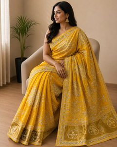 <b>Yellow</b> Bandhani Moonga Silk Vintage Floor-Length <b>Saree</b> Mirror Work Border Elegant Indian Wedding Wear Designer Party Wear Women - Product Image 4