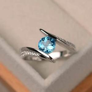 Bague de fiançailles en argent sterling 925 avec topaze bleue et zircon taille brillant, sertie pavé, pour fêtes et mariages, bijoux de luxe - Product Image 2