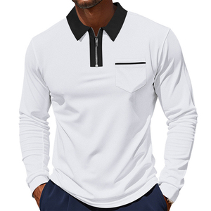 Polo de Punto de Manga Larga para Hombre, Color Sólido, con Bolsillo, Corte Regular Informal, Cuello con Cremallera Delantera, Naranja y Negro - Product Image 4