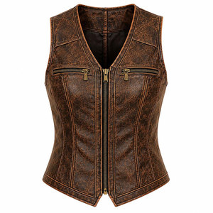 Salva <b>Leather</b> Women's Waterproof Winter Warm Casual Moto Vest V-Neck Zipper Closure Solid Color Regular Length Outerwear Pockets - Product Image 1