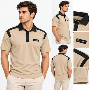 Camisa de Manga Corta para Hombre, Color Sólido, Bloques de Color Beige y Negro, Transpirable, Antiarrugas, Cuello Casual con Botones - Product Image 4