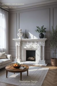 Chimenea Moderna de Mármol Blanco Sólido con Tallado Floral Ornamental, Independiente para Sala de Estar, Uso Interior - Product Image 2