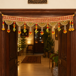 Adorno Floral de Lujo Hecho a Mano con Perlas y Borlas de Acrílico, Colgante para Puerta en Rojo y Dorado, Toran para Diwali, Bodas y Decoración Festiva del Hogar - Product Image 2