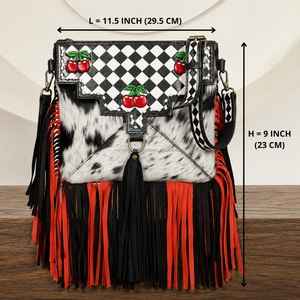 Premium Western Cowhide Fringe Crossbody Bag with Hand Tooled Checkered Leather Cheery <b>Design</b> Luxury Large Capacity Shoulder Bag - Product Image 2