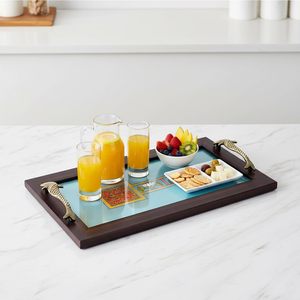 Atractiva Bandeja de Servicio de Madera con Adhesivo y Asa Metálica Fundida, Bandejas Decorativas Duraderas al Mejor Precio - Product Image 1