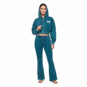Conjunto de dos piezas con lavado ácido, sudadera corta de felpa 100% algodón y pantalón jogger acampanado, diseño de logotipo personalizado, chándal para mujer - Product Image 3