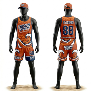Uniforme de Voleibol de Playa para Hombre, Camiseta sin Mangas y Pantalones Cortos, Secado Rápido, Malla de Poliéster, Diseño con Paneles en Turquesa, Marrón y Naranja, Logotipo Sublimado - Product Image 4