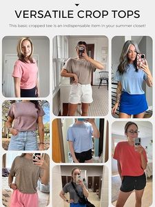 เสื้อครอปสีดำสำหรับผู้หญิง แขนสั้น คอกลม ทรงหลวม สวมใส่สบาย ผ้าถัก สีพื้น เสื้อยืดสำหรับฤดูใบไม้ผลิและฤดูร้อน ใส่ได้ทุกวัน - Product Image 6
