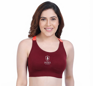 Sujetador deportivo para mujer Index Apparel, color granate, espalda cruzada, cuello redondo, soporte medio, transpirable, para fitness, yoga, running, color liso, logo frontal - Product Image 1