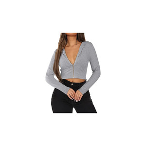 Women’s Bodycon <b>Crop</b> Hoodie Jacket Ribbed Fabric <b>Zip</b>-<b>Up</b> Long Sleeve Chic Casual Top for women - Product Image 1