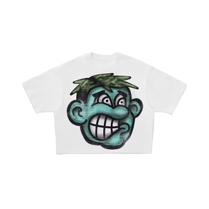 Oversized Crop T-Shirt Men's <b>White</b> Cartoon Print Street Style Short Sleeve O-Neck Jersey Cotton <b>Tee</b> - Product Image 3