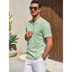 2025 hommes décontracté lin à manches courtes col en V bande col chemise Hippie plage été hauts avec un design léger - Product Image 1