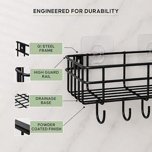 Double Tier Metal Wall Mounted Storage Basket With <b>Hooks</b> Self <b>Adhesive</b> Bathroom Organizer Minimalist Design - Product Image 2
