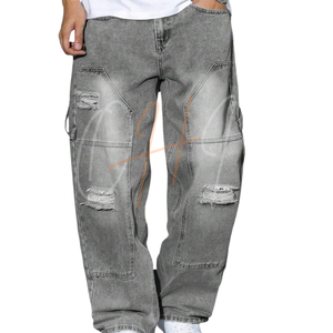 กางเกงยีนส์คาร์โก้สีเทาฟอกทรงหลวม น้ำหนักเบา สไตล์สตรีทแวร์ หลายกระเป๋า ขาดๆ แบบวินเทจ ฮิปสเตอร์ - Product Image 1