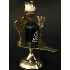 Escultura Shiva Linga en piedra negra con latón Trishul Nag y Patra - Product Image 1