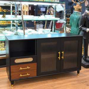 Buffet Modulaire Moderne et Durable avec Portes Vitrées, Tiroirs en Bois, Poignées Dorées et Accents en Rotin – Rangement Élégant pour Salon - Product Image 2
