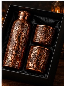 Traditional Modern Copper Water Bottle <b>Flask</b> Set with <b>2</b> Engraved <b>Cups</b> in Gift Box Tree Leaf Cutout Design - Product Image 6