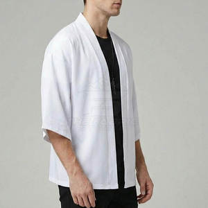 Men's <b>White</b> Oversized Kimono Shirt <b>Short</b> Sleeve Collarless Casual Summer Cotton Poplin Breathable Streetwear Cardigan - Product Image 5