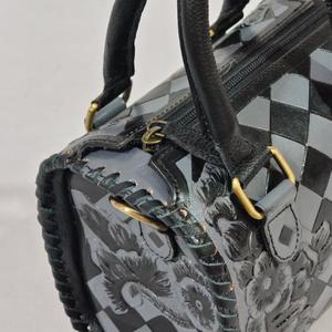 Luxury <b>Hand</b> Tooled Floral Leather <b>Mini</b> Speedy Bag Checkerboard Pattern Black Zipper Closure - Product Image 3