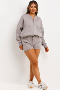 Conjunto Deportivo de 2 Piezas para Mujer, Color Gris, Sudadera Corta con Cremallera, Pantalones Cortos, Manga Larga, Estilo Casual para Primavera, Color Sólido, Bolsillos Laterales - Product Image 2
