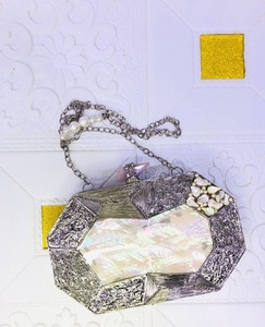 Women's Evening Party Fusion Republik Crystal Square <b>Stone</b> Studs MOP Clutch <b>Magnetic</b> Closure Chain Strap Polyester Lining - Product Image 2