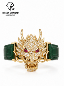 Pave Lab Grown Diamond Dragon Head <b>Bracelet</b> <b>Ruby</b> Eyes Green Alligator Leather Strap Luxury Mens Statement Jewelry Gift - Product Image 6