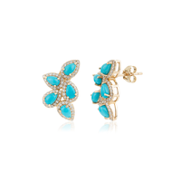 Boucles d'oreilles clous uniques faites à la main en forme d'ailes avec halo de turquoise cabochon et diamants, pierre de naissance de décembre