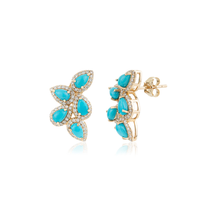 Boucles d'oreilles clous uniques faites à la main en forme d'ailes avec halo de turquoise cabochon et diamants, pierre de naissance de décembre - Product Image 3