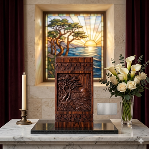 Urna Funeraria de Madera Hecha a Mano, Diseño de Árbol Tallado en Marrón con Atardecer, Urna Conmemorativa para Adultos - Product Image 2