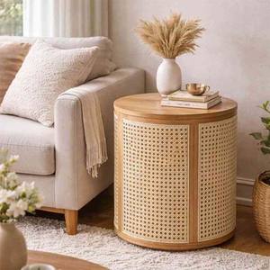 Panier à linge en rotin naturel tressé à la main avec cadre en bois, panier de rangement rond pour vêtements, organisateur rustique pour la maison et le salon - Product Image 6