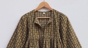 Blusa de Mujer con Estampado Artesanal, 100% Algodón, Formal, Simple, Transpirable, Cuello en V, Manga Abullonada, Corte en A, Estilo Étnico Indio - Product Image 3
