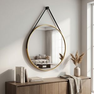 20 Inch Round Wall Mounted Vanity <b>Mirror</b> with Leather Strap and <b>Gold</b> Frame - Product Image 2