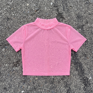 Top corto de malla transparente tejido para mujer con cuello alto, camisa corta transparente de manga corta, tops ligeros de secado rápido para mujer - Product Image 1