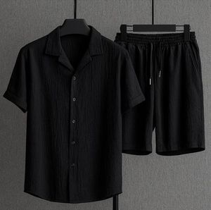Men's Breathable Linen Solid Two Piece Casual Suit Set Short Sleeve Button up Shirt <b>Elastic</b> Waist Shorts Summer Wear - Product Image 3