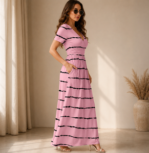 Robe portefeuille élégante pour femme, motif floral, longueur midi, manches courtes, fermeture portefeuille, taille élastique, matière confortable et légère - Product Image 6