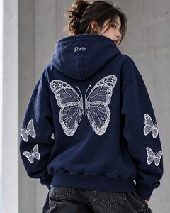 Sweat-shirt à capuche noir zippé pour femme F2win avec motif papillon à sequins – Vêtement décontracté d'automne – Vente en gros – Hoodie papillon noir - Product Image 6